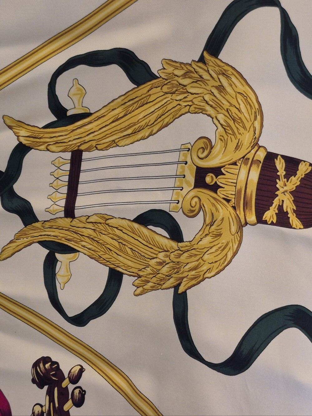 Silk Musical Instruments Print Scarf - Ivory with Navy & Gold Vintage - Picture 5 of 7